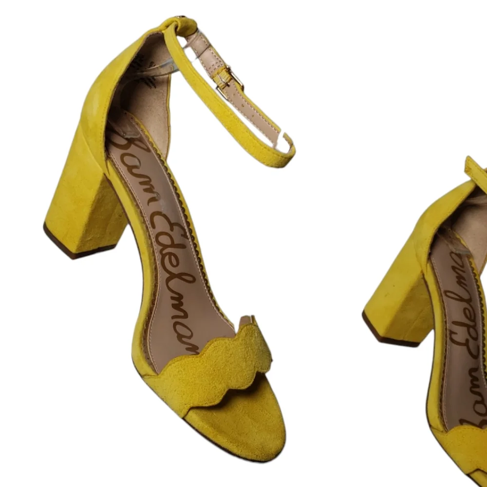Sam Edelman Odila Sandal Suede Scallops Butter Yellow Ankle Strap Block Heel 7.5
